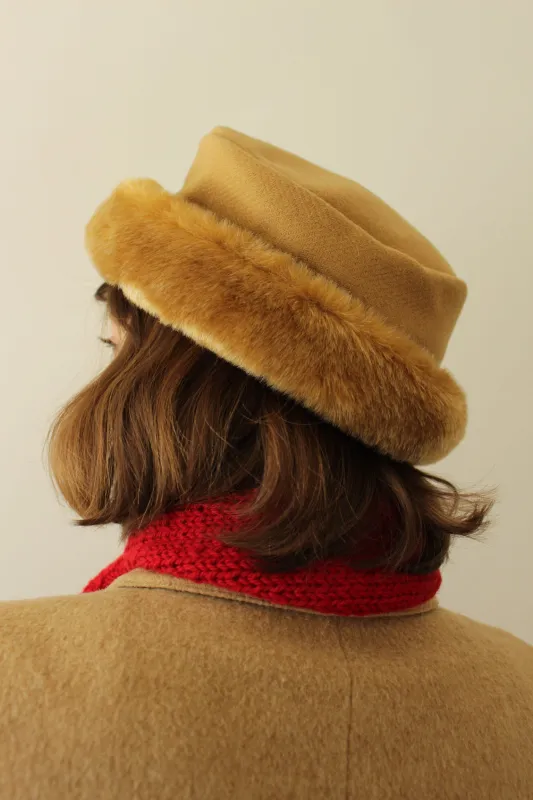 Vintage Caramel Wool Herringbone & Faux Fur Hat sold by NA NIN