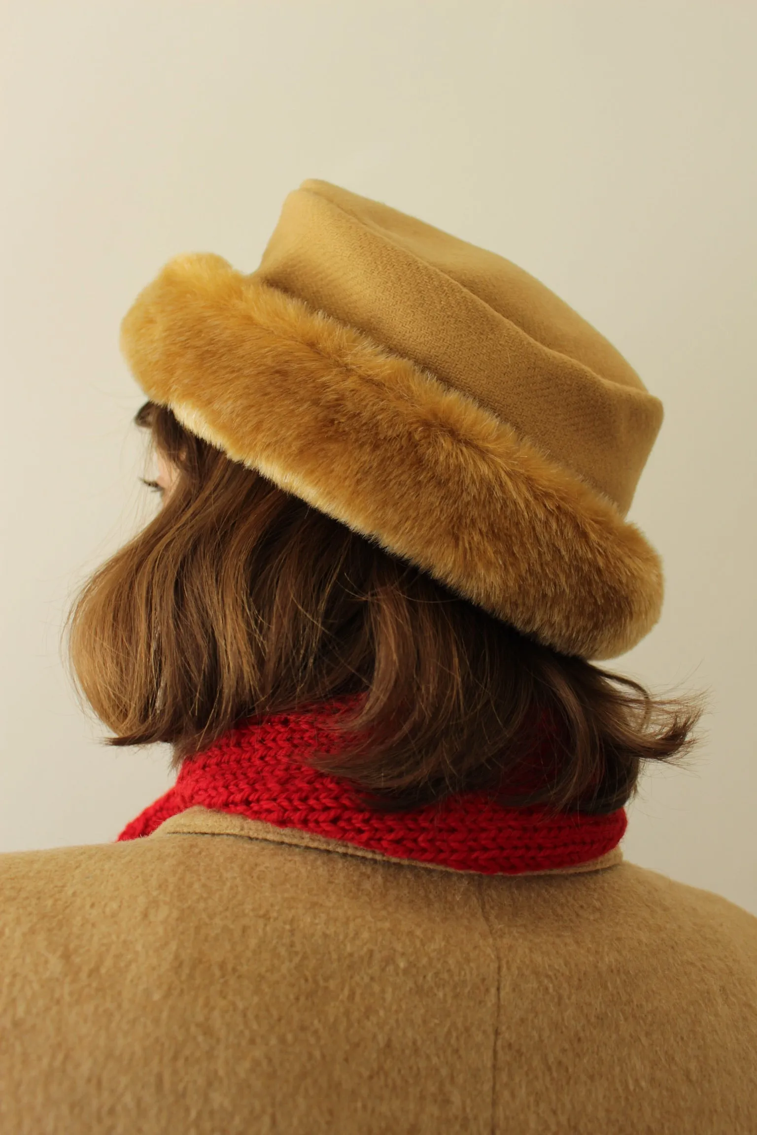Vintage Caramel Wool Herringbone & Faux Fur Hat sold by NA NIN