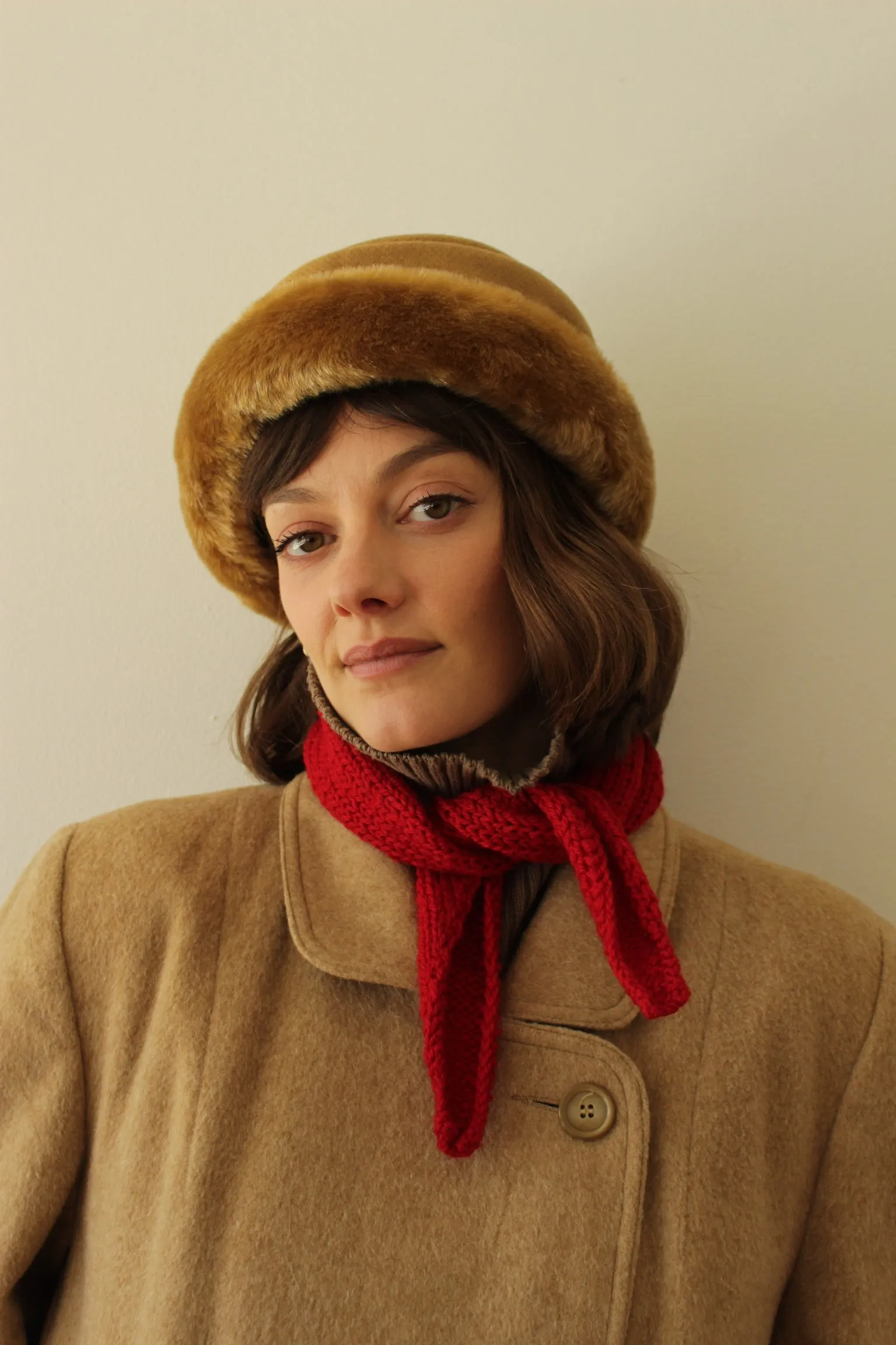 Vintage Caramel Wool Herringbone & Faux Fur Hat sold by NA NIN product image thumbnail 4