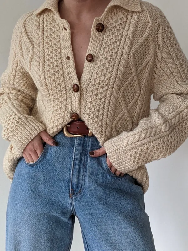 Vintage Buttercream Wool Fisherman Cardigan made by Vintage