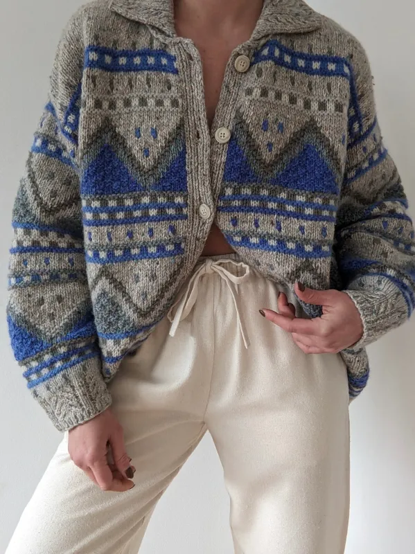 Vintage Hand Knit Cerulean & Stone Wool Cardigan made by Vintage