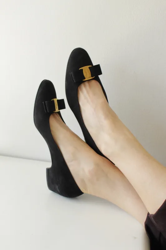 Vintage Salvatore Ferragamo Suede Bow Pumps sold by NA NIN