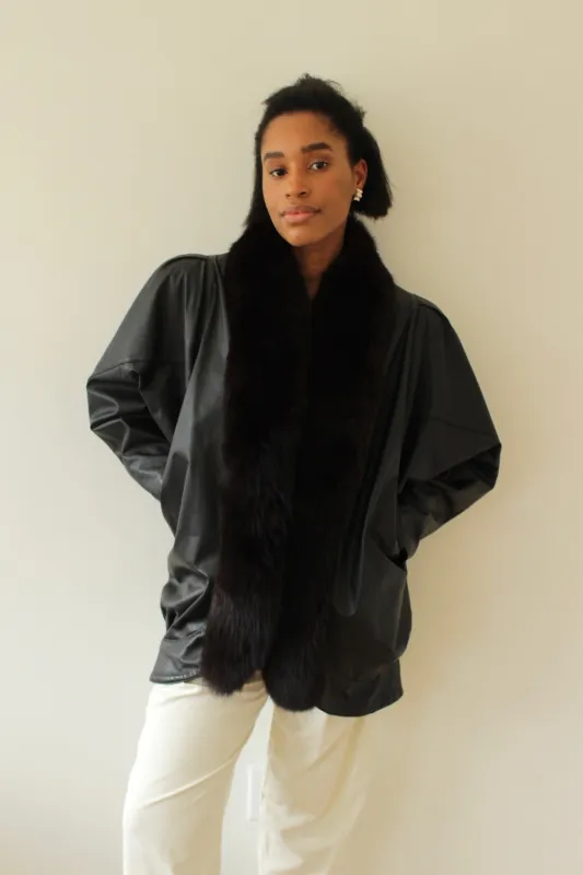 Amazing Vintage Ink Leather & Fur Trim Jacket made by Vintage