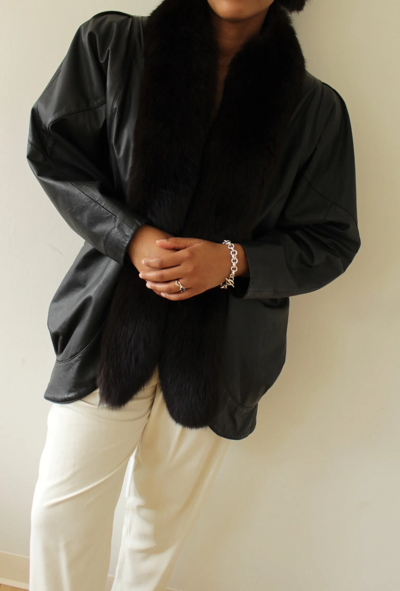 Vintage Licorice Fur-Trimmed Leather Jacket sold by NA NIN