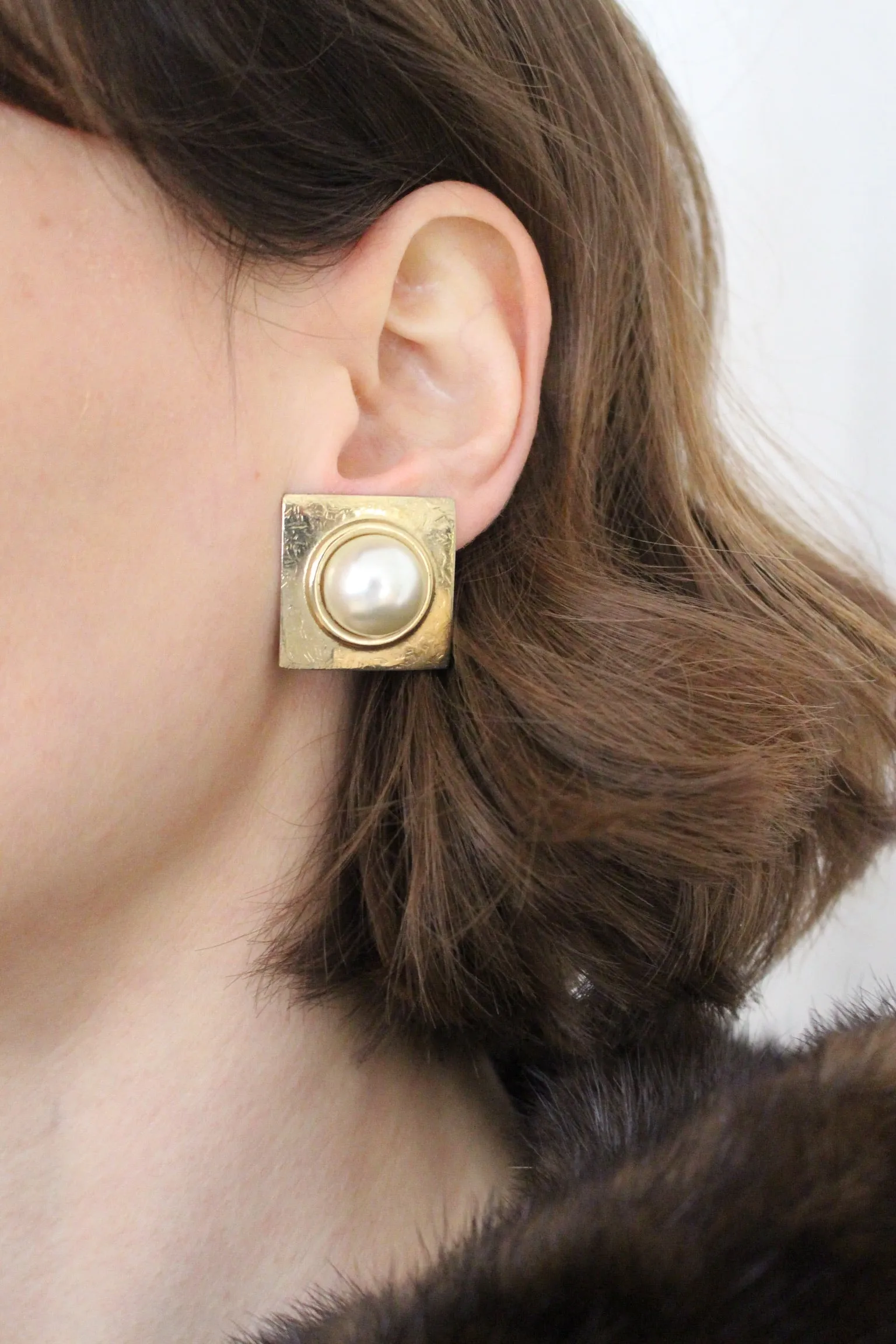 Vintage Faux Pearl Cabochon & Gold Frame Earrings sold by NA NIN product image thumbnail 3