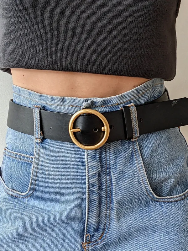 Vintage Smooth Black Leather & Solid Brass Belt made by Vintage