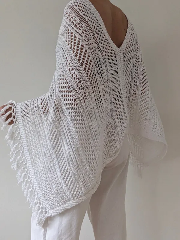 Stunning Ivory Crocheted Tassel Poncho made by Vintage