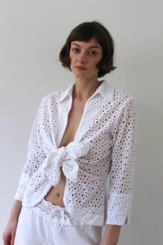 Beautiful Vintage Ivory Eyelet Cotton Tie Blouse made by Vintage