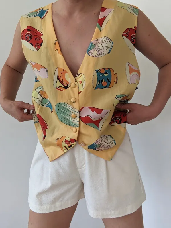 Vintage Vase-Print Silk Vest made by Vintage