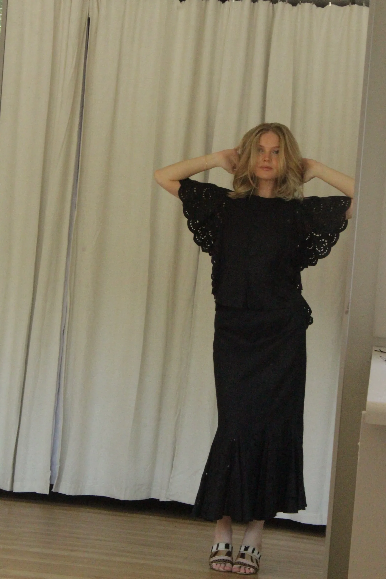 Lovely Vintage Jet Black Linen Eyelet Skirt Set sold by NA NIN product image thumbnail 3