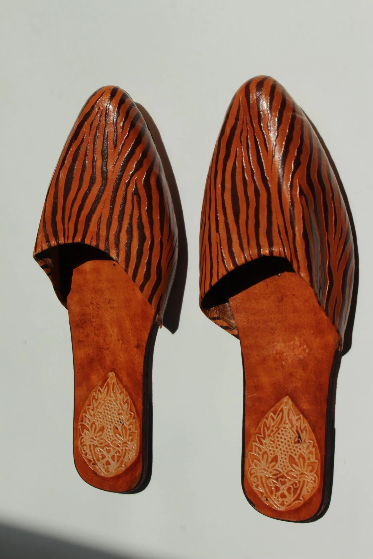 Lovely Vintage Zebra-Embossed Leather Slippers sold by NA NIN