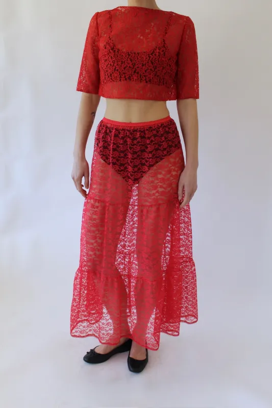 Vintage Raspberry Sheer Lace Skirt made by Vintage