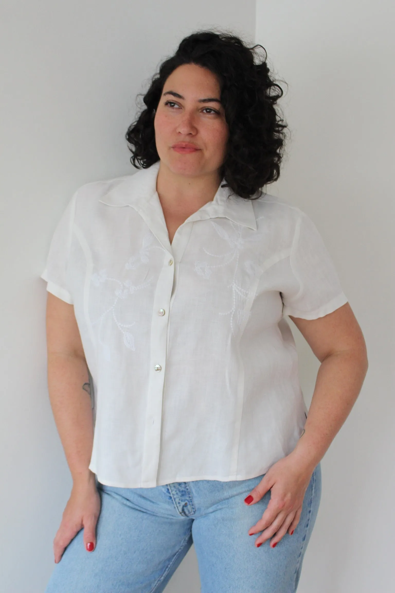 Vintage Floral Embroidered Linen Blouse sold by NA NIN