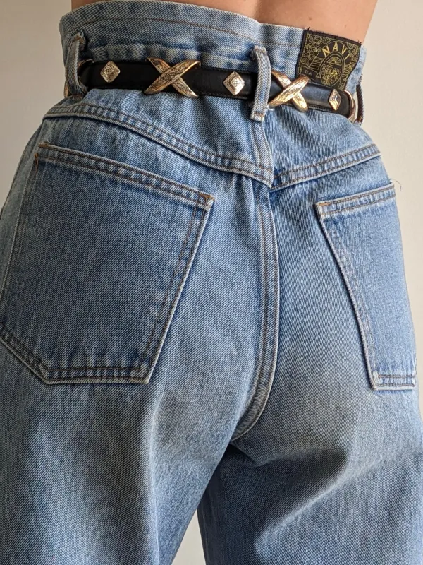 Vintage Black Leather & Silver Hardware Belt made by Vintage