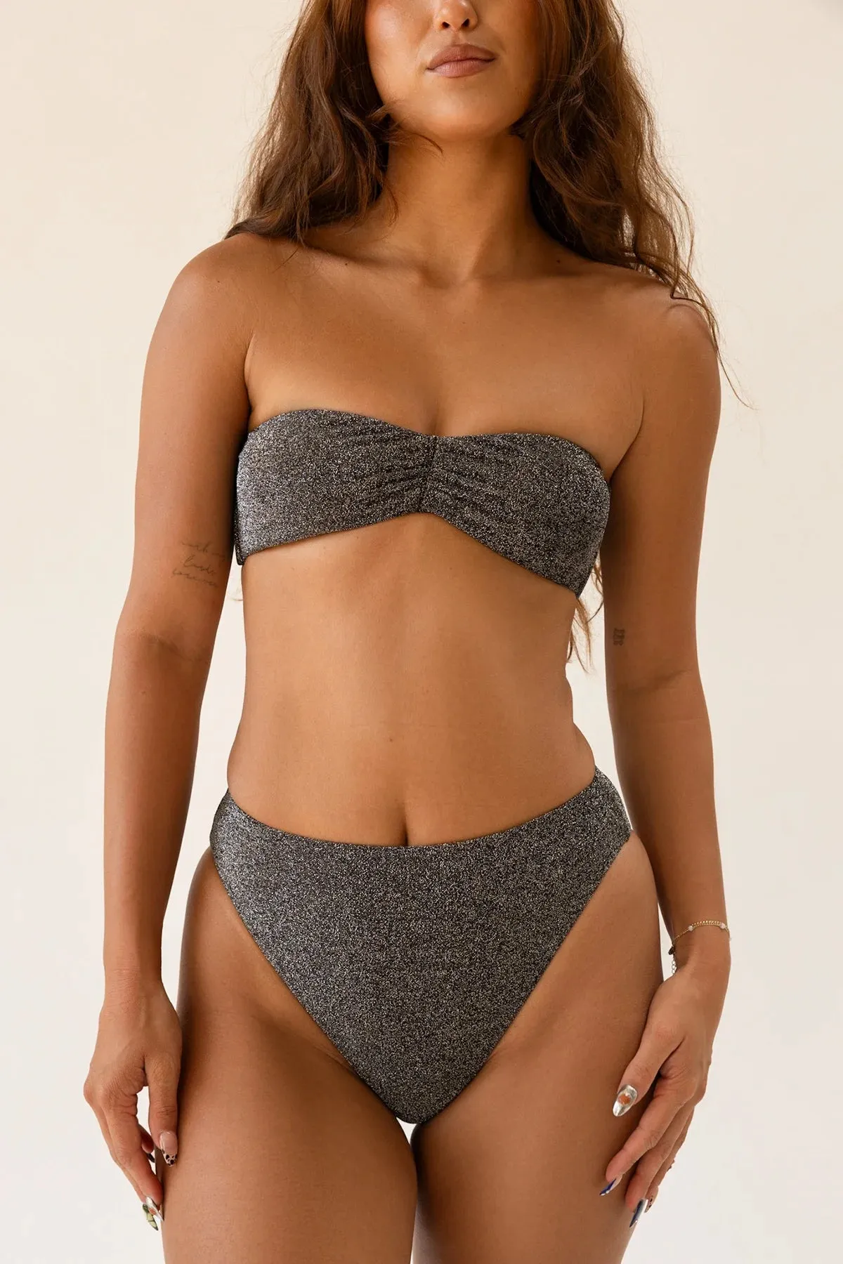 Sparkle Black Bandeau Seashore Cheeky Set sold by Dippin Daisy’s