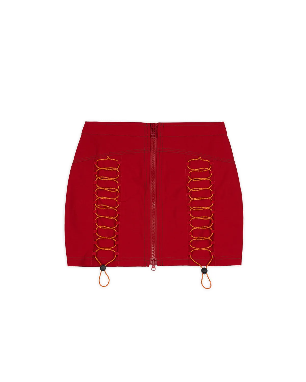 Triple Needle Bungee Zip Mini Skirt - Chili sold by Brain Dead