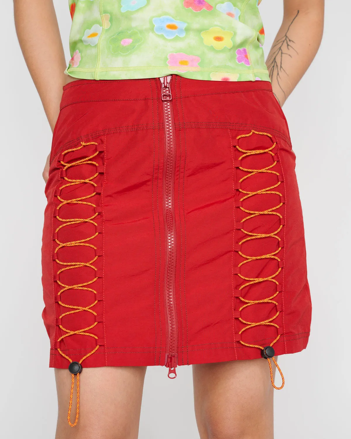 Triple Needle Bungee Zip Mini Skirt - Chili sold by Brain Dead product image thumbnail 4