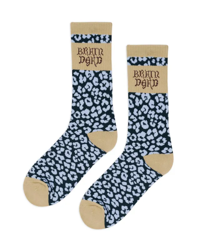 Paneled Logo Crew Socks - Blue Leopard/Khaki made by Brain Dead