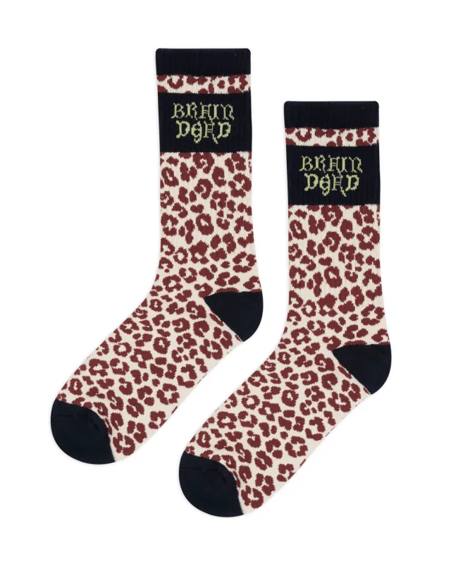 Paneled Logo Crew Socks - Maroon Leopard/Navy made by Brain Dead