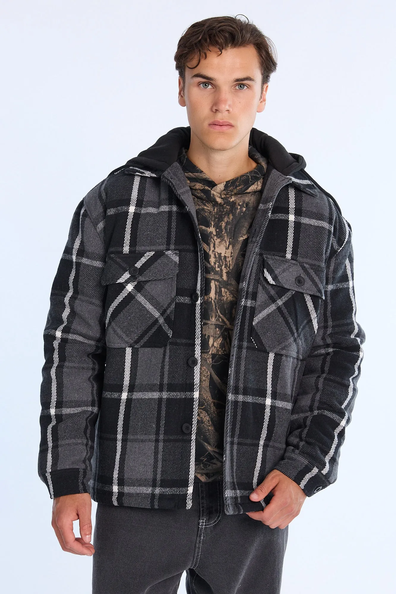 Mens Lined Hooded Flannel Shacket sold by West49 product image thumbnail 2