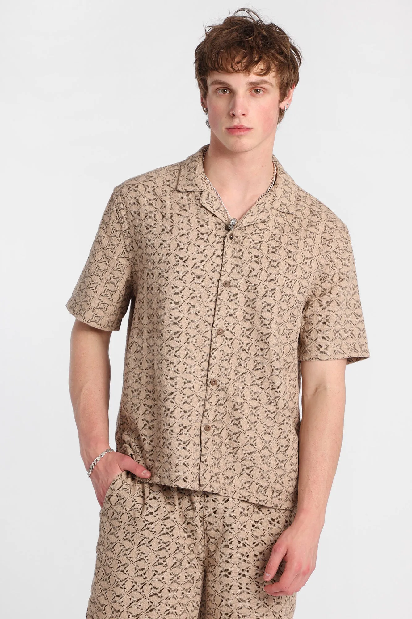 Textured Geometric Floral Button-Up Shirt sold by West49