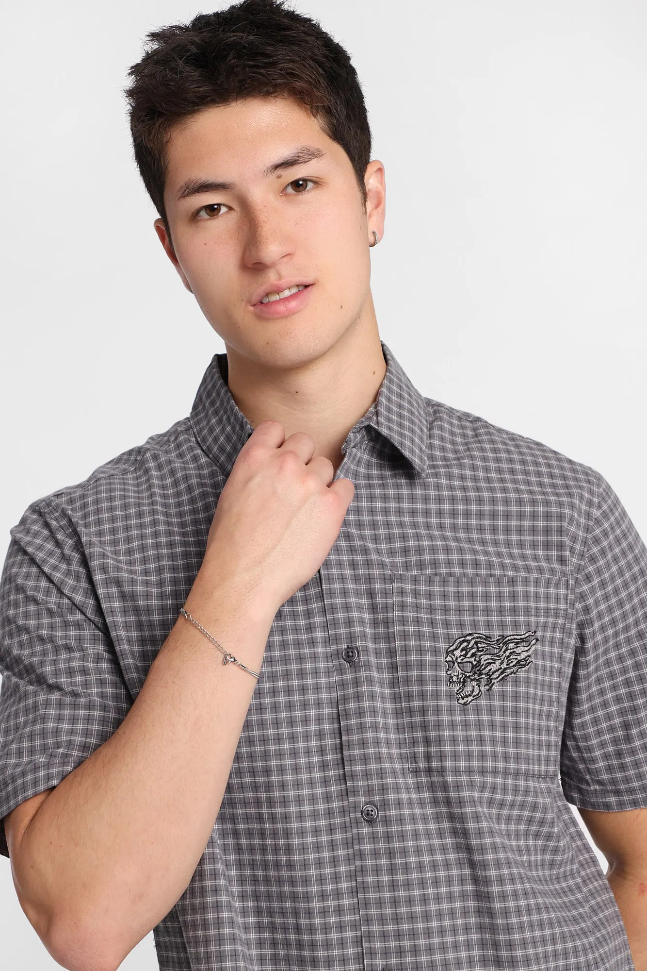 Skull Embroidered Plaid Button-Up Shirt sold by West49 product image thumbnail 2