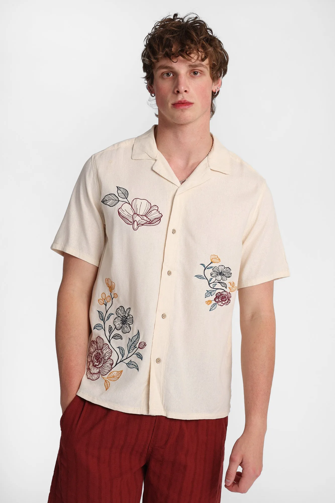 Floral Embroidered Linen-Blend Button-Up Shirt sold by West49