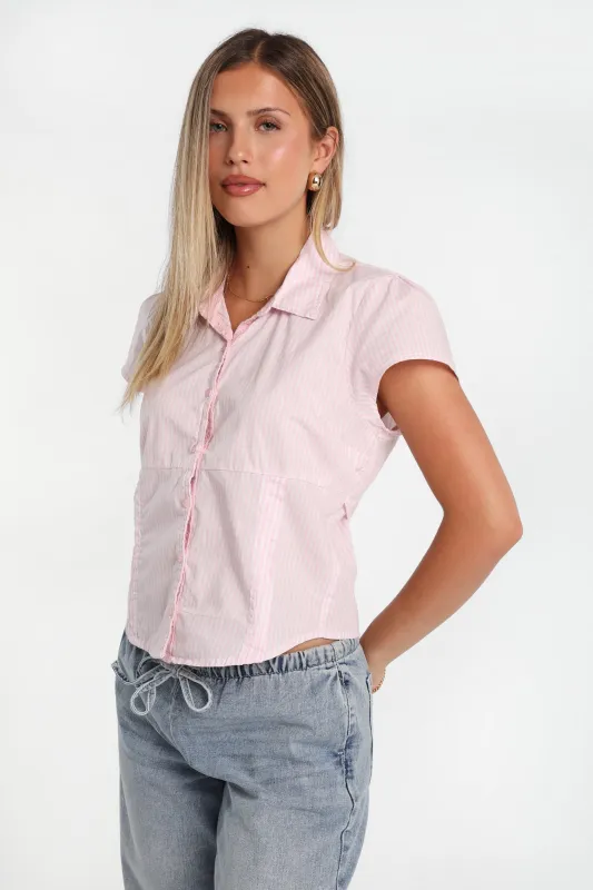 Poplin Cotton Short Sleeve Tie-Back Button-Up Shirt made by Bluenotes