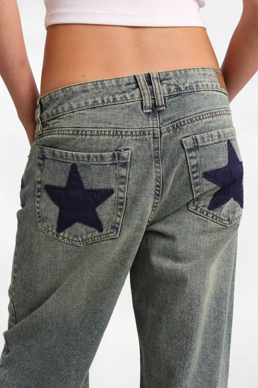 Chloe Star Patch Embroidered Low Rise Baggy Jeans made by Bluenotes