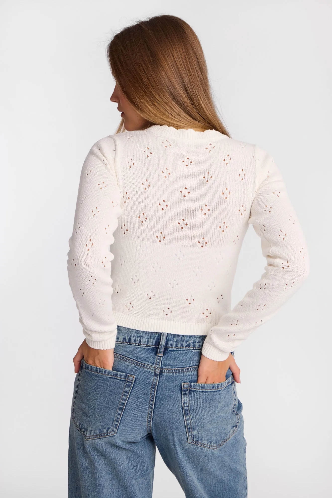 Pointelle Knit Button-Up Crew Neck Cardigan sold by West49 product image thumbnail 3