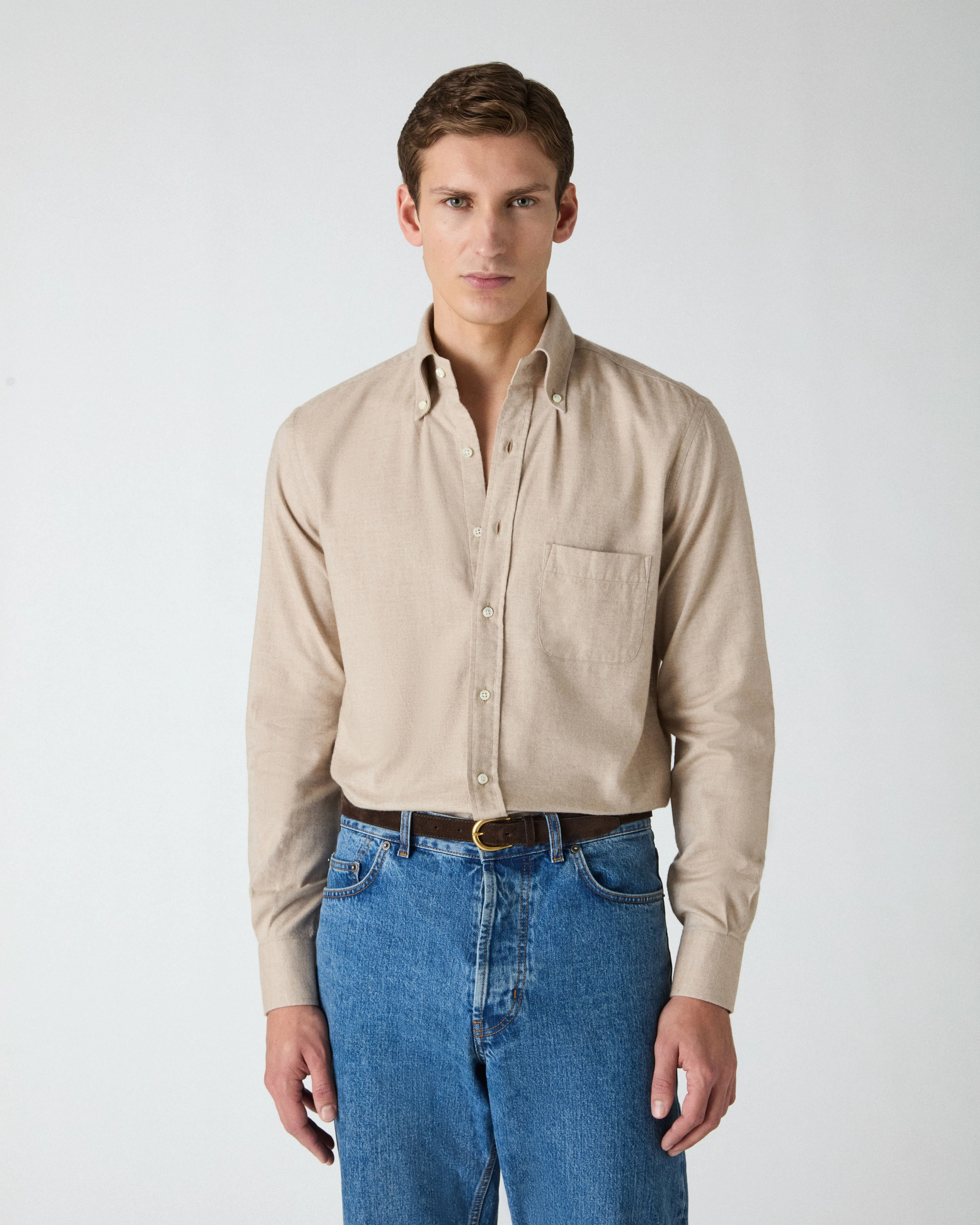 Ferdinand Cotton/Cashmere Button Down Shirt - Camel sold by Berg & Berg