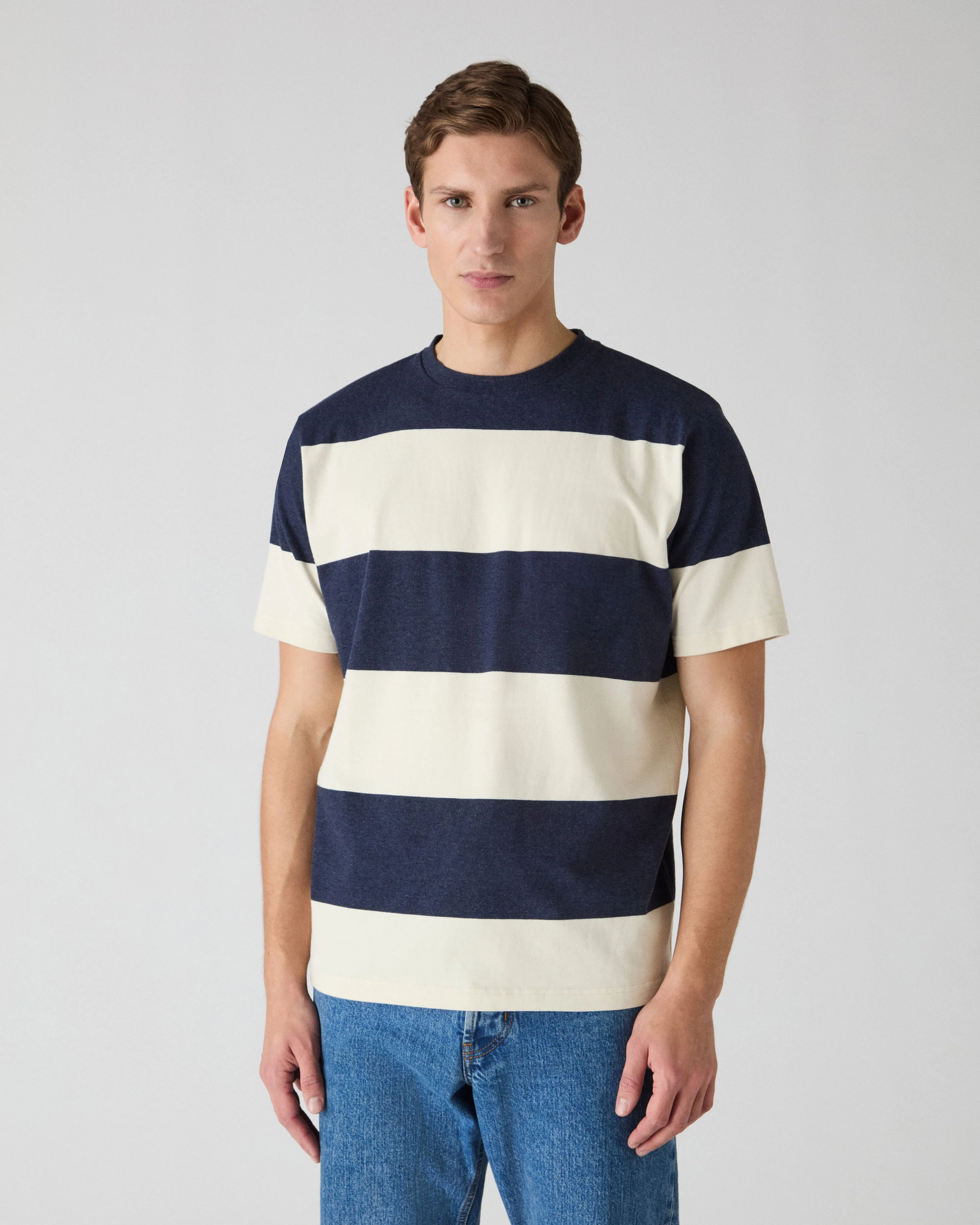 Torgny T-Shirt - Navy/White Block Stripe sold by Berg & Berg