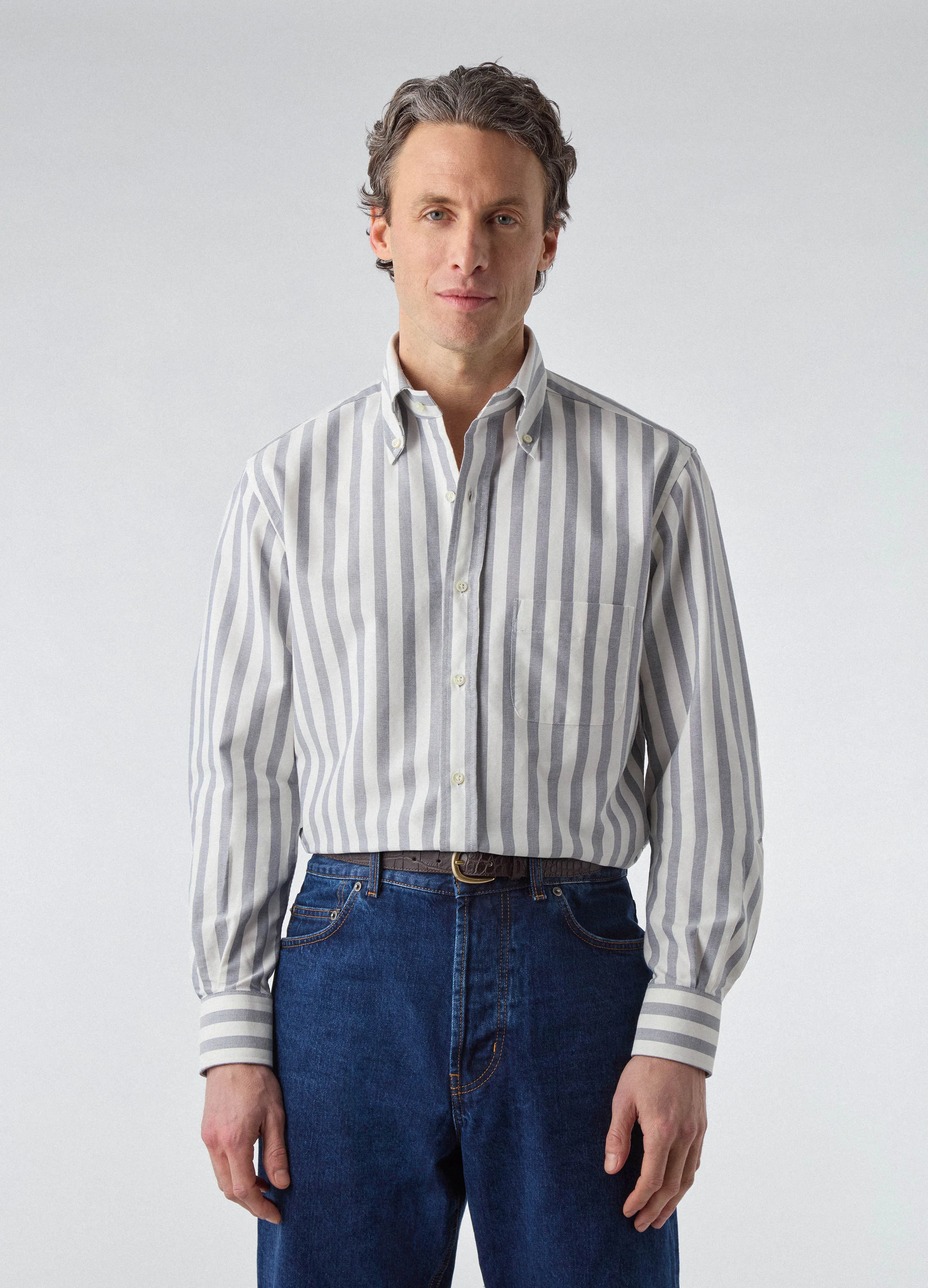 Ferdinand Oxford Button Down Shirt - Off White/Navy Butcher Stripe sold by Berg & Berg