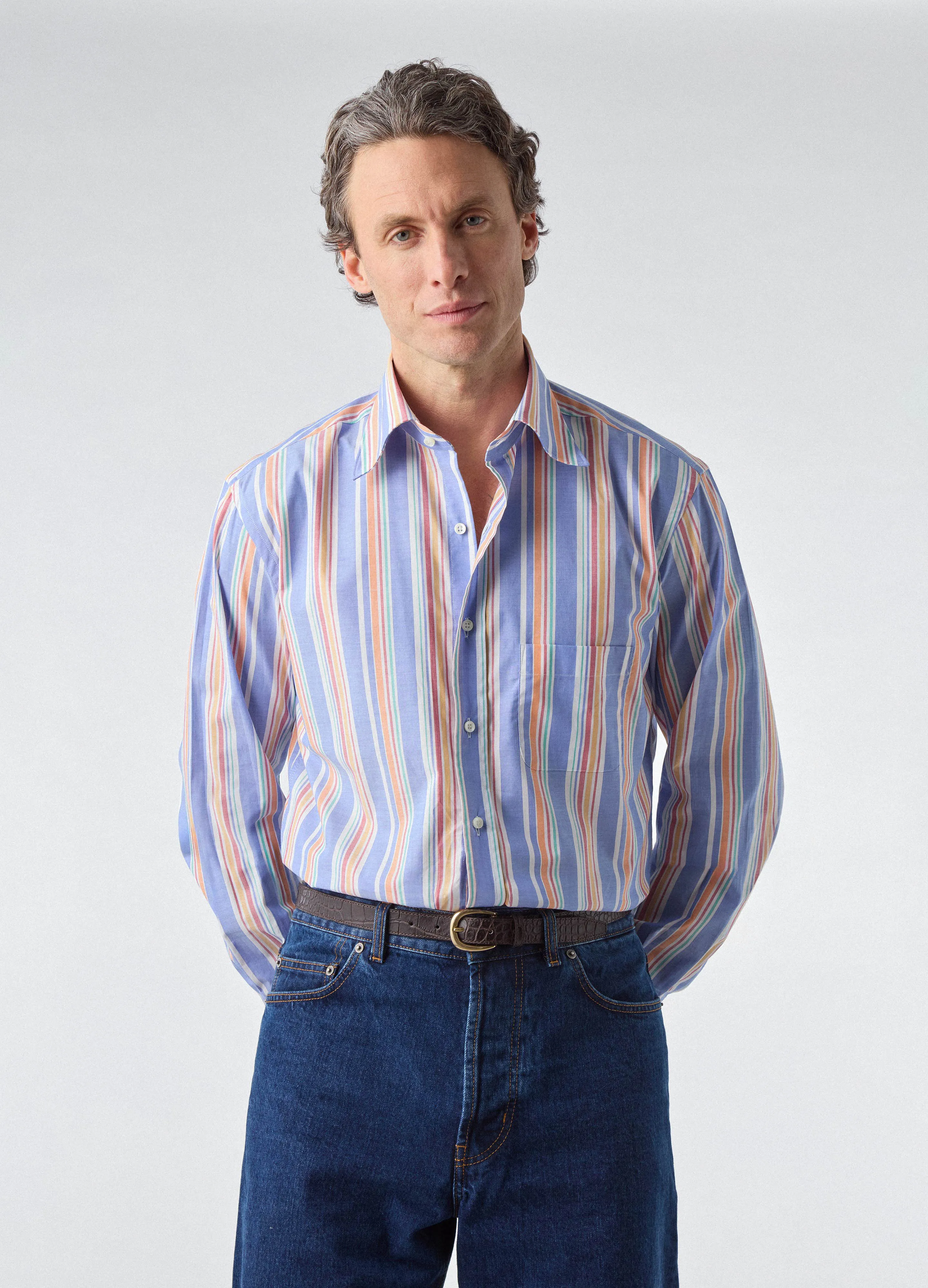 Fabian Poplin Turndown Collar Shirt - Blue/Multi sold by Berg & Berg