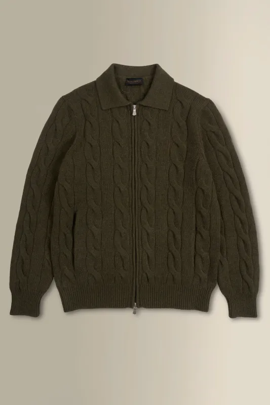 Green Cable Knit Two Way Zip Cashmere Cardigan sold by New & Lingwood
