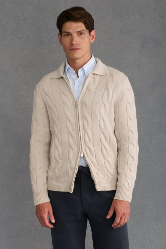 Cream Cable Knit Two Way Zip Cashmere Cardigan sold by New & Lingwood