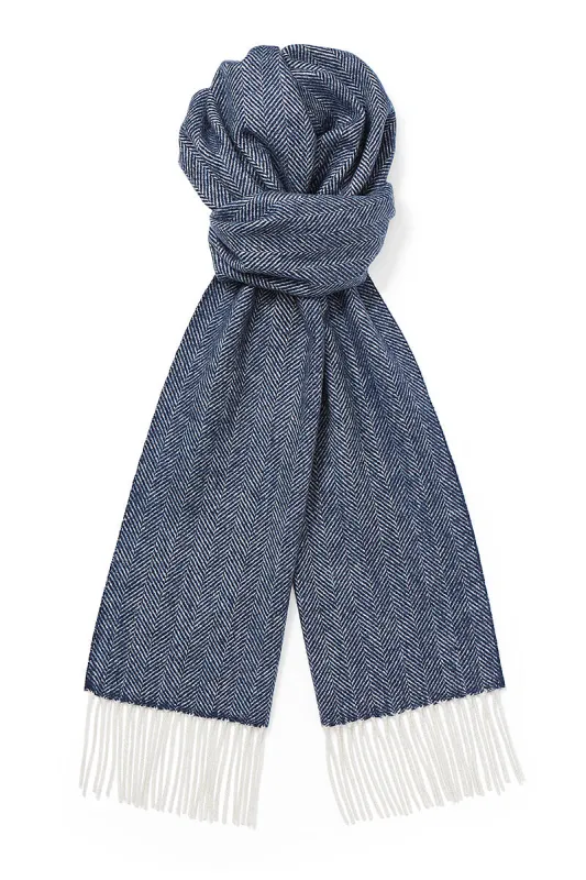 Navy Herringbone Cashmere Scarf sold by New & Lingwood
