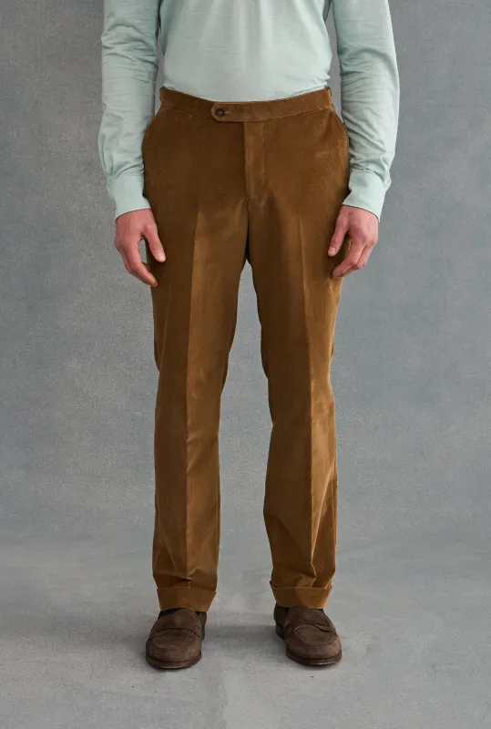 Camel Flat Front 14 Wale Corduroy Trousers sold by New & Lingwood