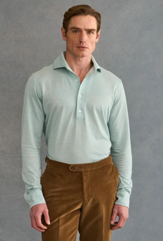 Light Blue One Piece Collar Cotton & Cashmere Popover Shirt made by New & Lingwood