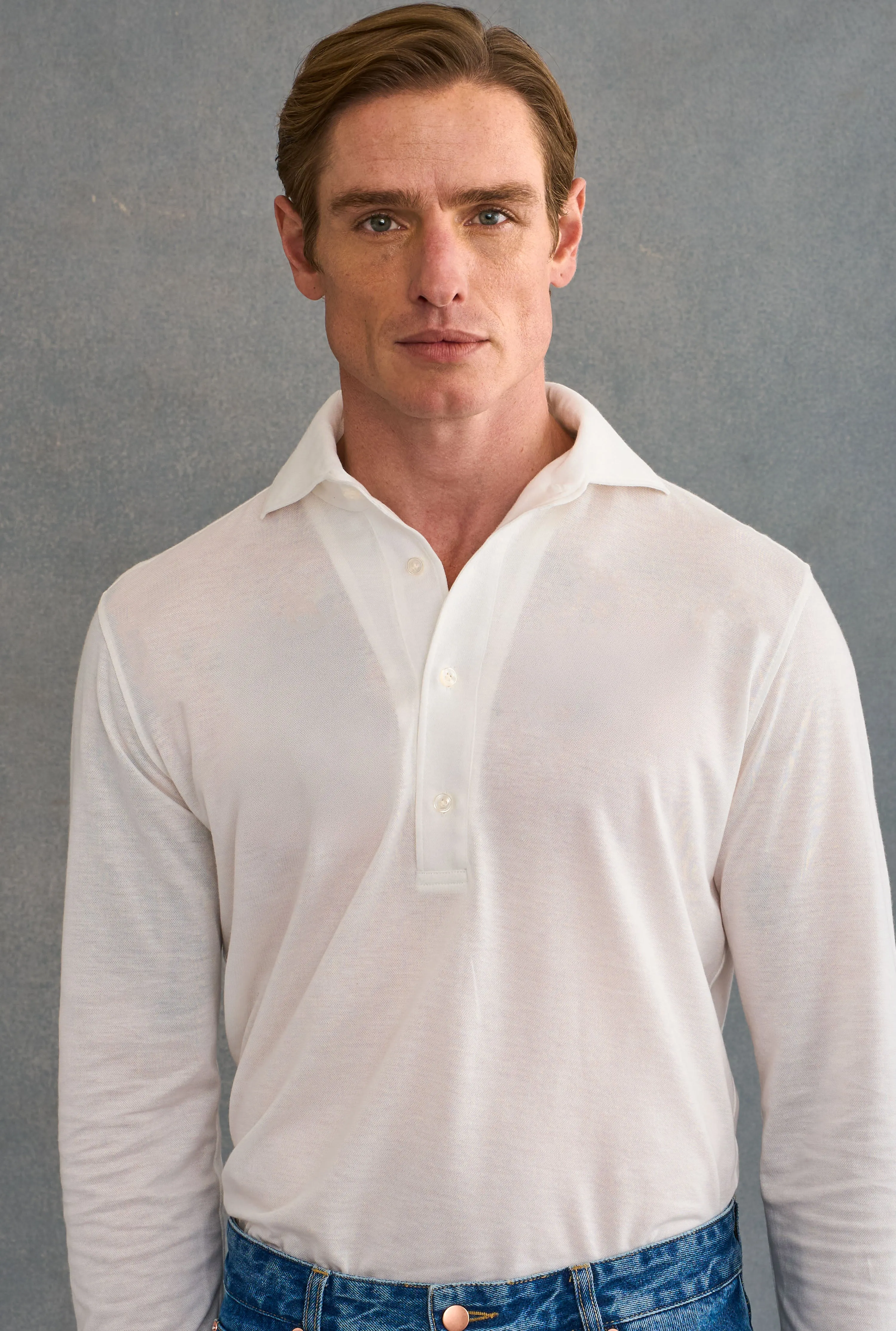 White One Piece Collar Cotton & Cashmere Popover Shirt sold by New & Lingwood product image thumbnail 3