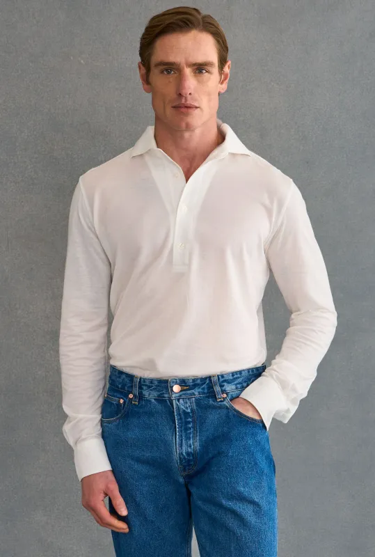 White One Piece Collar Cotton & Cashmere Popover Shirt made by New & Lingwood