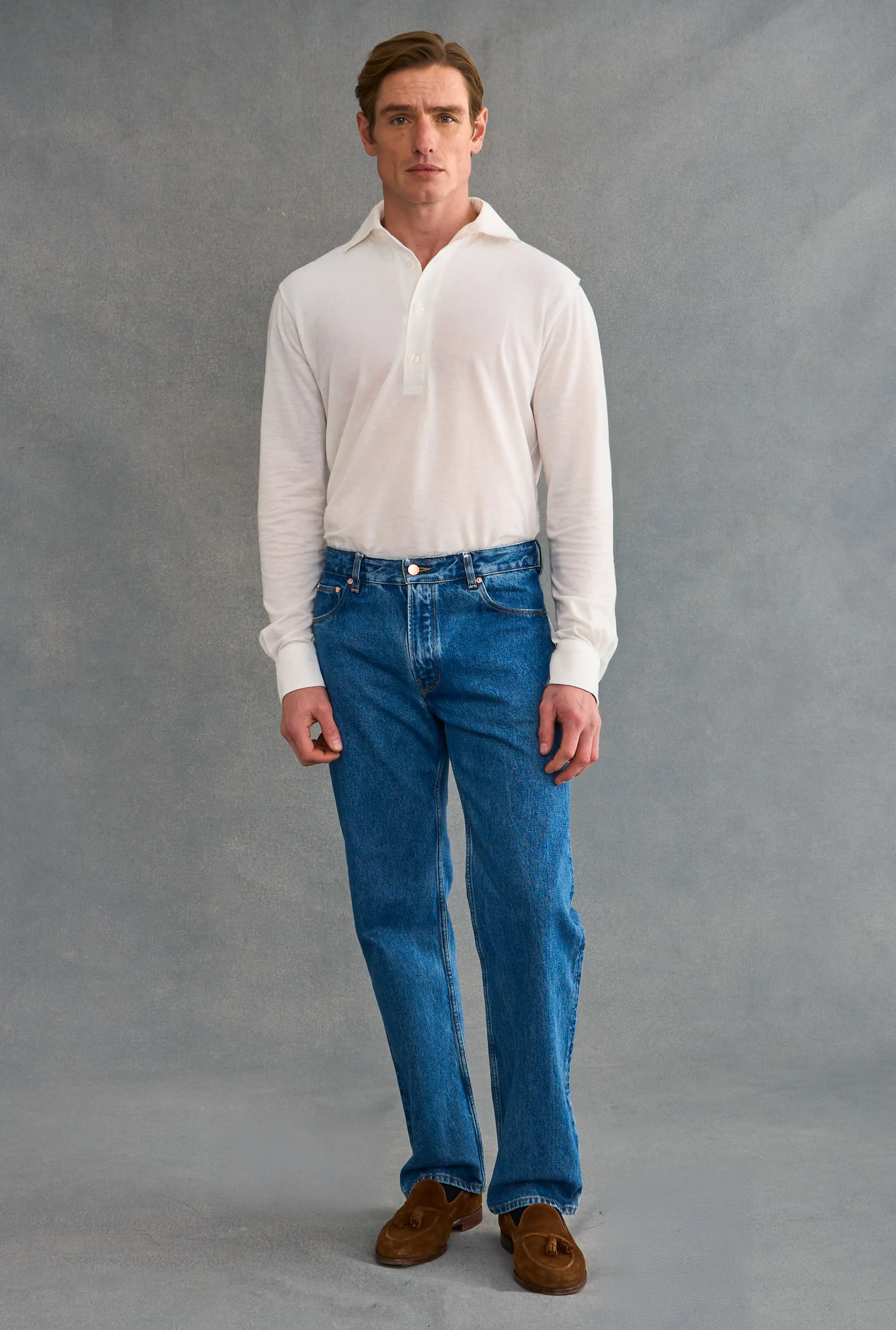 White One Piece Collar Cotton & Cashmere Popover Shirt sold by New & Lingwood product image thumbnail 2