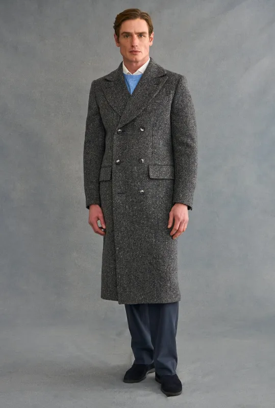 Grey Herringbone Double Breasted Wool Overcoat sold by New & Lingwood