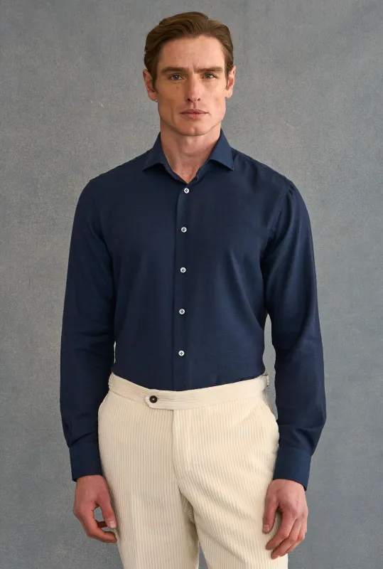 Navy Cutaway Collar Standard Fit Cotton & Cashmere Shirt made by New & Lingwood