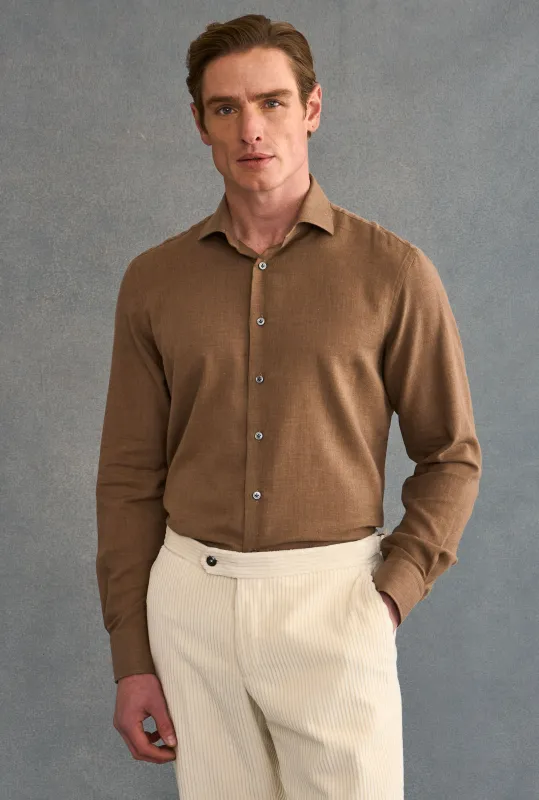Brown Cutaway Collar Standard Fit Cotton & Cashmere Shirt sold by New & Lingwood