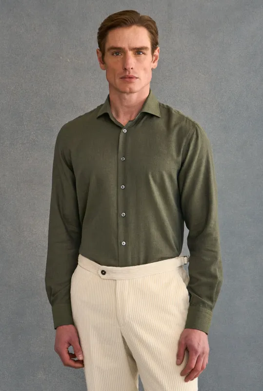Khaki Cutaway Collar Standard Fit Cotton & Cashmere Shirt made by New & Lingwood