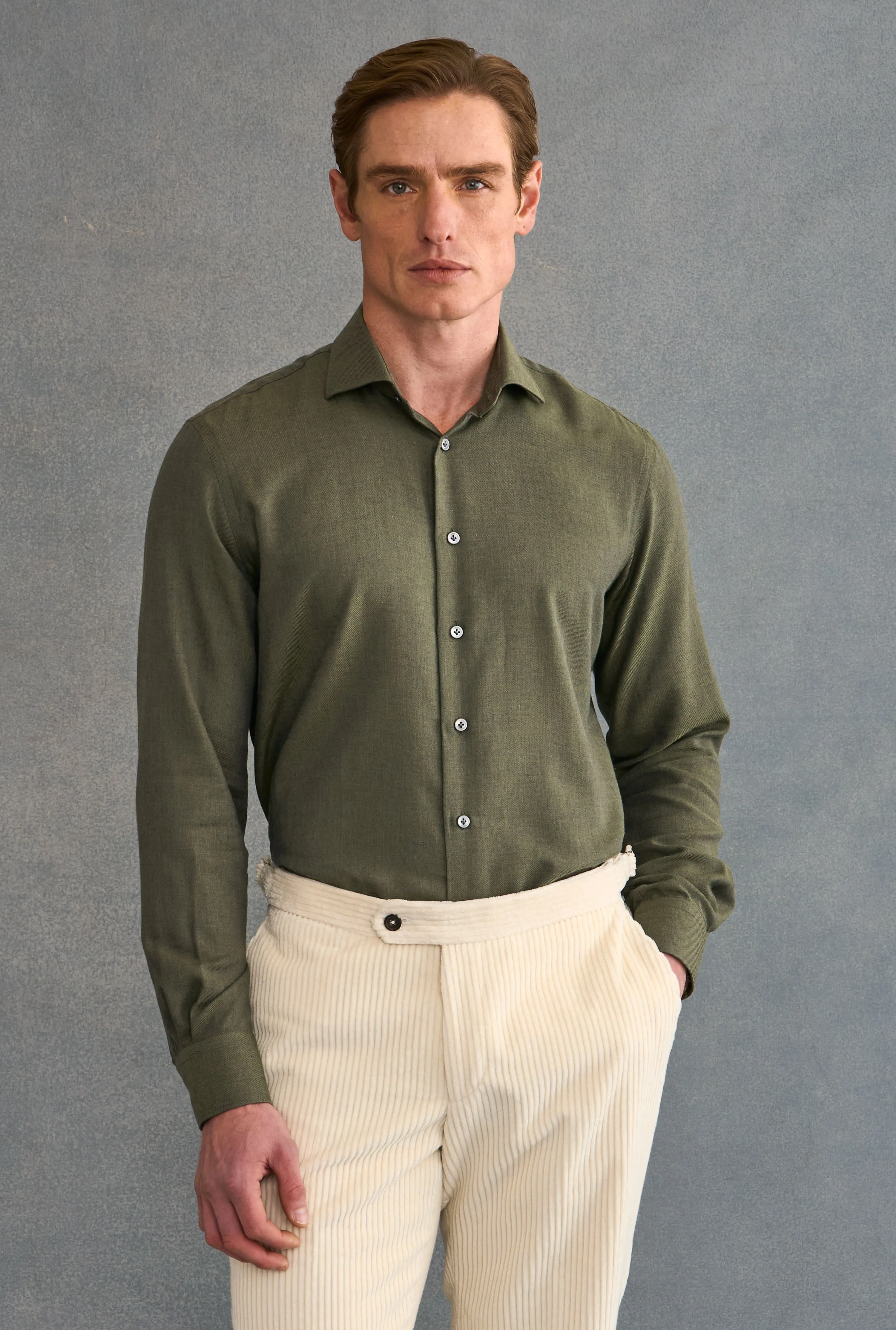 Khaki Cutaway Collar Standard Fit Cotton & Cashmere Shirt sold by New & Lingwood product image thumbnail 2