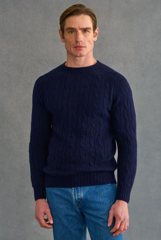 Navy Lambswool Cable Knit Crew Neck Jumper sold by New & Lingwood