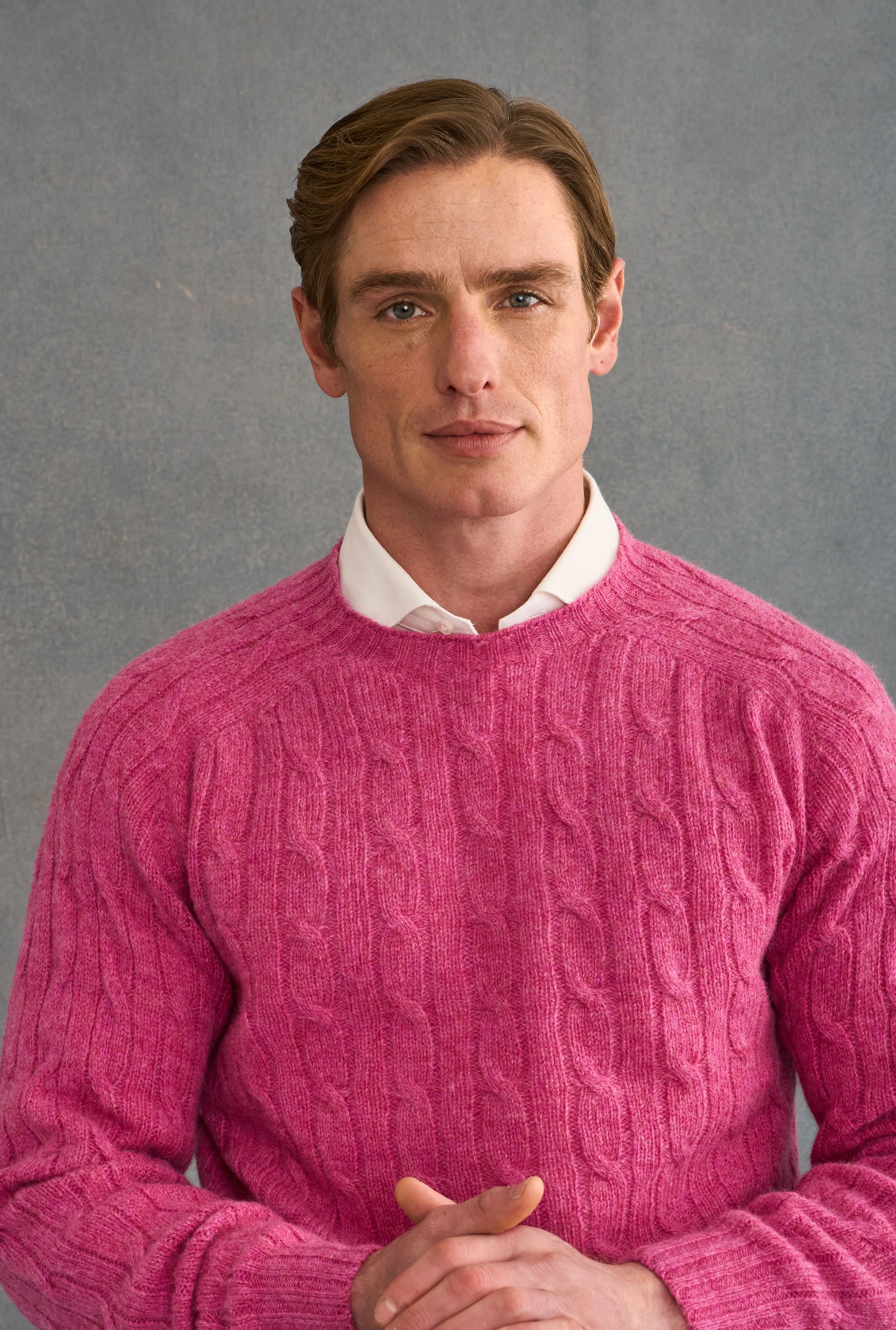 Pink Lambswool Cable Knit Crew Neck Jumper sold by New & Lingwood product image thumbnail 2