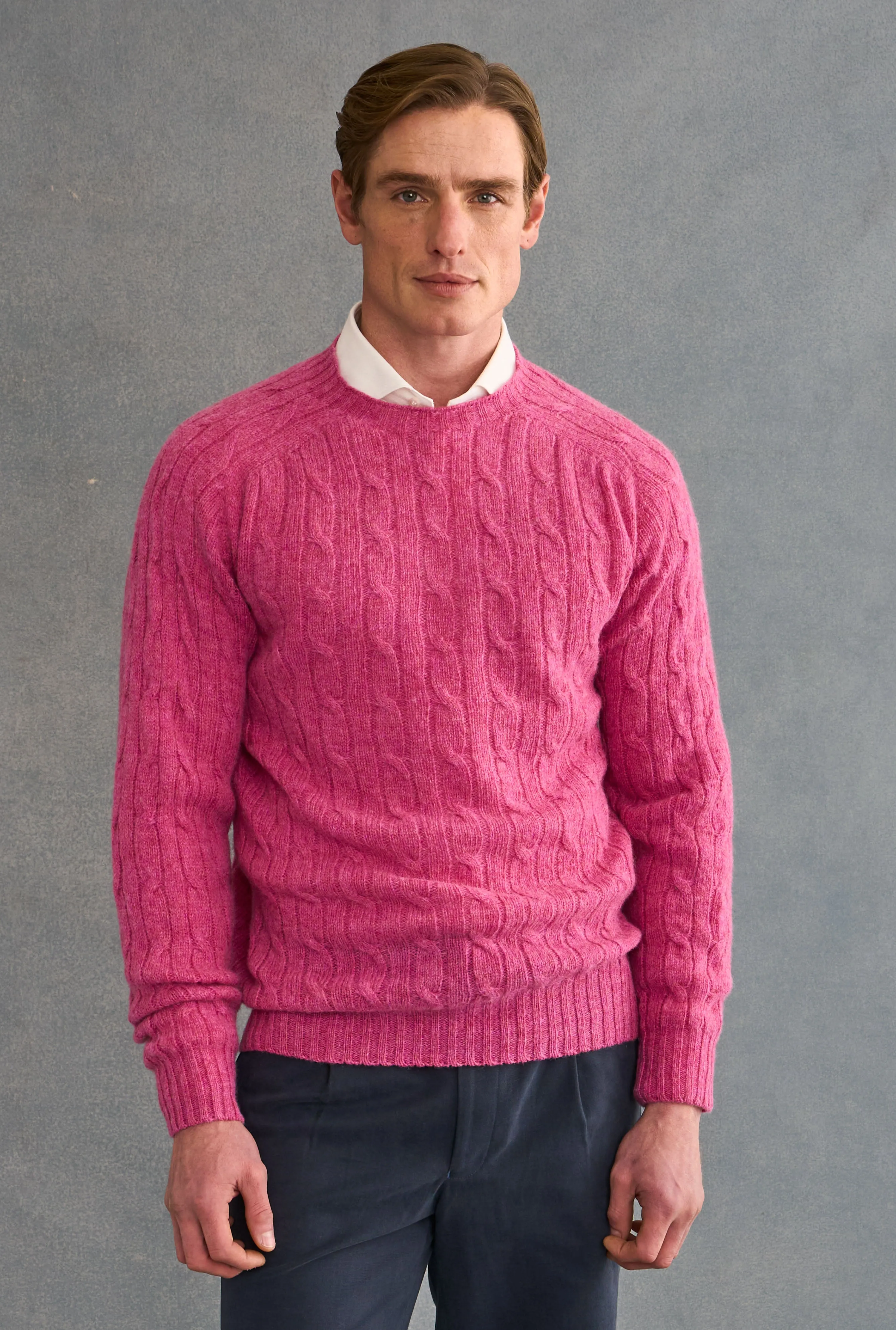 Pink Lambswool Cable Knit Crew Neck Jumper sold by New & Lingwood